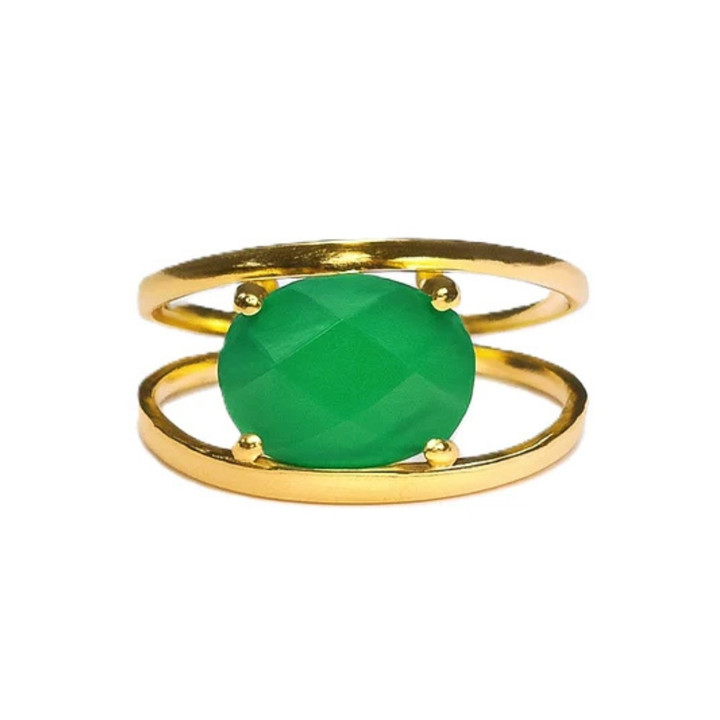 Introducing the Charlotte Gold Ring by Watermelon Tropical—a striking statement piece featuring a double band design and a large, round green onyx centerpiece. This elegant ring is sure to stand out in any collection.