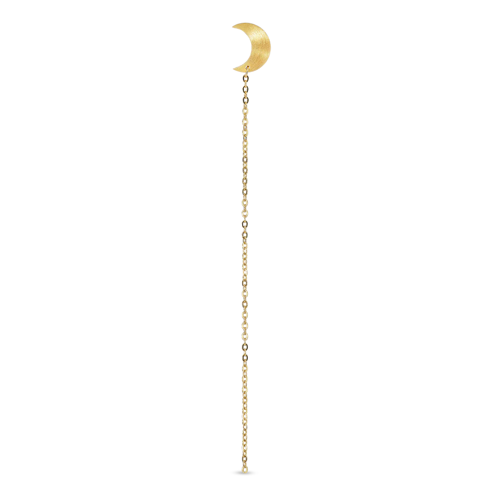 The Jane Koenig Half Moon Chain Stud is a minimalistic jewelry piece featuring a gold-plated crescent pendant and delicate chain with white pearls, showcased on a plain white background.