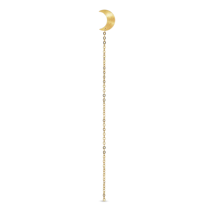 The Jane Koenig Half Moon Chain Stud is a minimalistic jewelry piece featuring a gold-plated crescent pendant and delicate chain with white pearls, showcased on a plain white background.