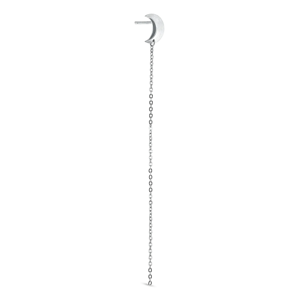 The Jane Koenig Half Moon Chain Stud is a sterling silver earring with a crescent design and long, delicate chain, shown on a white background—ideal for fans of minimalistic jewelry.