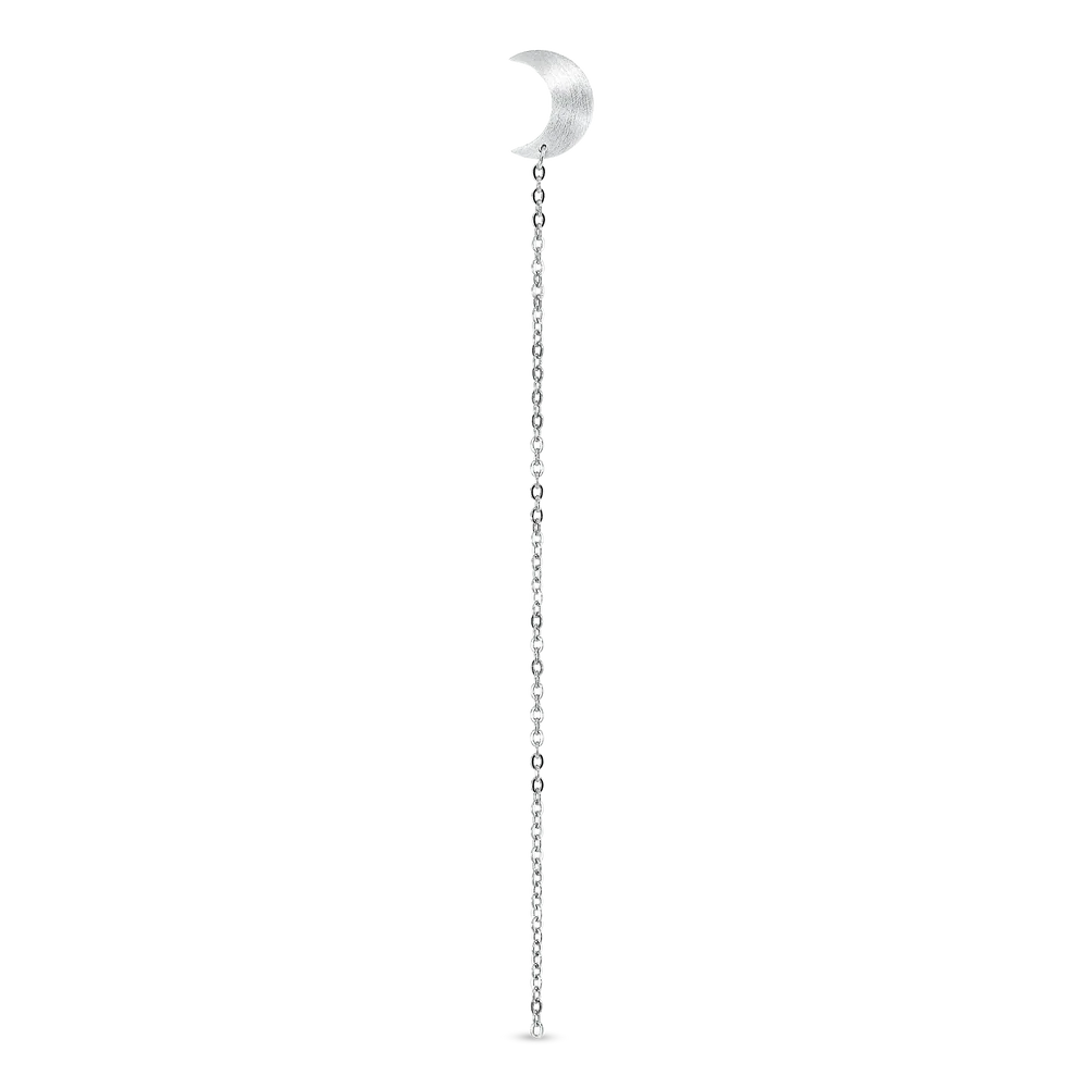 The Jane Koenig Half Moon Chain Stud is a delicate sterling silver earring with a crescent moon, a dangling chain, and small bead details, shown on a simple white background.
