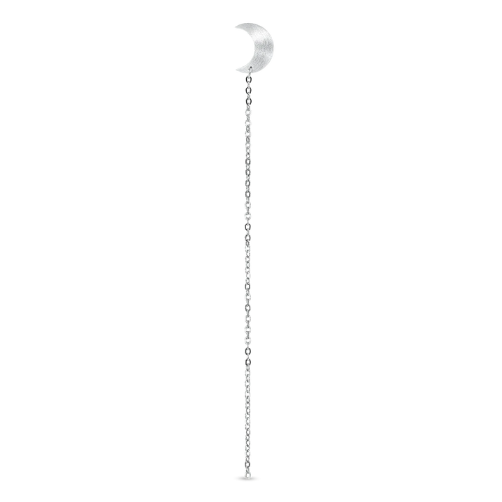 The Jane Koenig Half Moon Chain Stud is a delicate sterling silver earring with a crescent moon, a dangling chain, and small bead details, shown on a simple white background.