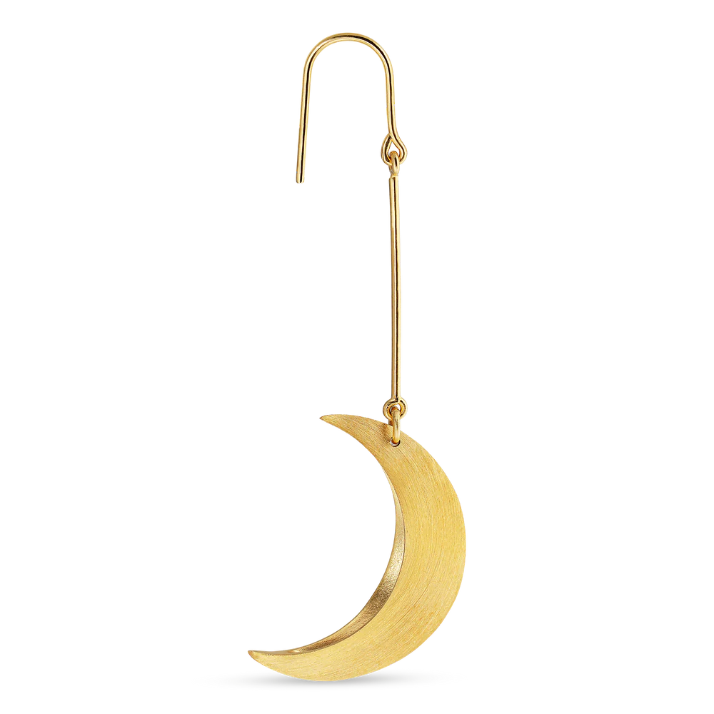 The Jane Koenig Half Moon Earring is gold plated with a thin hook and matte crescent moon charm, shown on a plain white background.