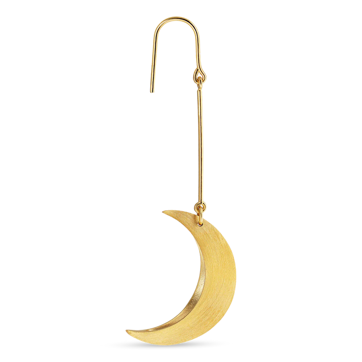 The Jane Koenig Half Moon Earring is gold plated with a thin hook and matte crescent moon charm, shown on a plain white background.