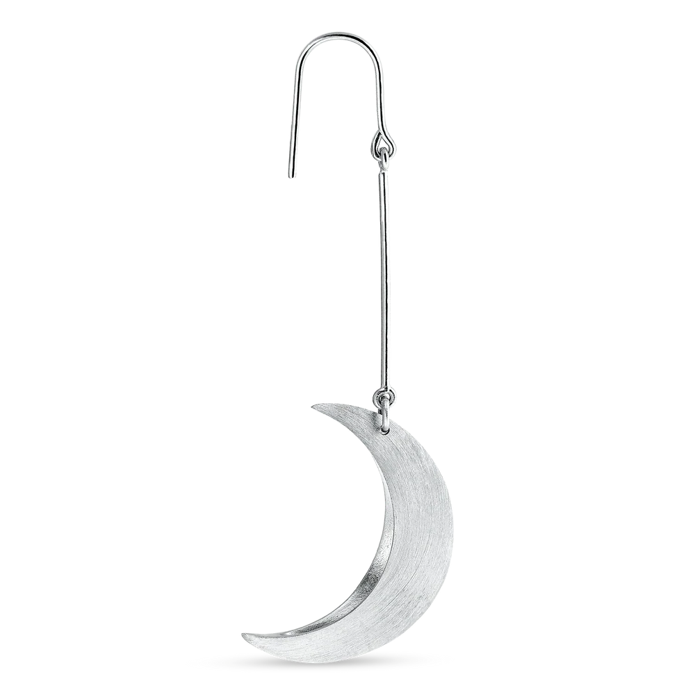 The Jane Koenig Half Moon Earring features a sterling silver thin hook and long straight stem with a delicate half-moon charm at the bottom, displayed against a plain white background.