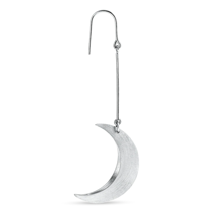 The Jane Koenig Half Moon Earring features a sterling silver thin hook and long straight stem with a delicate half-moon charm at the bottom, displayed against a plain white background.