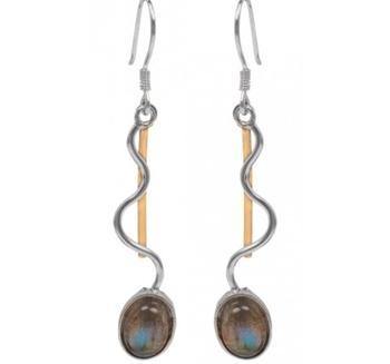 A pair of Heartbeat Earrings in various gemstones by Gallardo & Blaine Designs featuring a wavy silver and gold-plate design with a heart beat linear accent. At the bottom of each earring is an oval-shaped brown gemstone with iridescent blue and green hues. The earrings are attached to hooks for wearing.