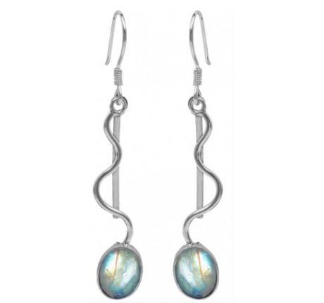 A pair of Gallardo & Blaine Designs Heartbeat Earrings in various gemstones featuring a sinuous metallic design with elongated hooks at the top. Each earring holds an oval-shaped, iridescent gemstone at the bottom, displaying a subtle mix of blue and green hues, all set against a shimmering backdrop of silver and gold-plate.