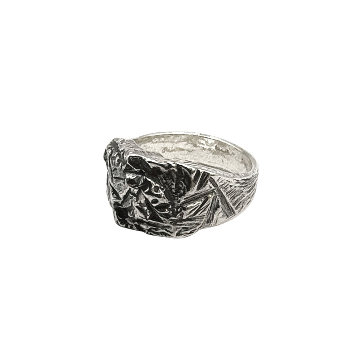 The Hephaestus Silver Ring by Inó Jewellery features a raw, textured design with jagged surfaces and abstract leaf patterns—ideal as bold statement jewelry or a modern tribute to Hephaestus.