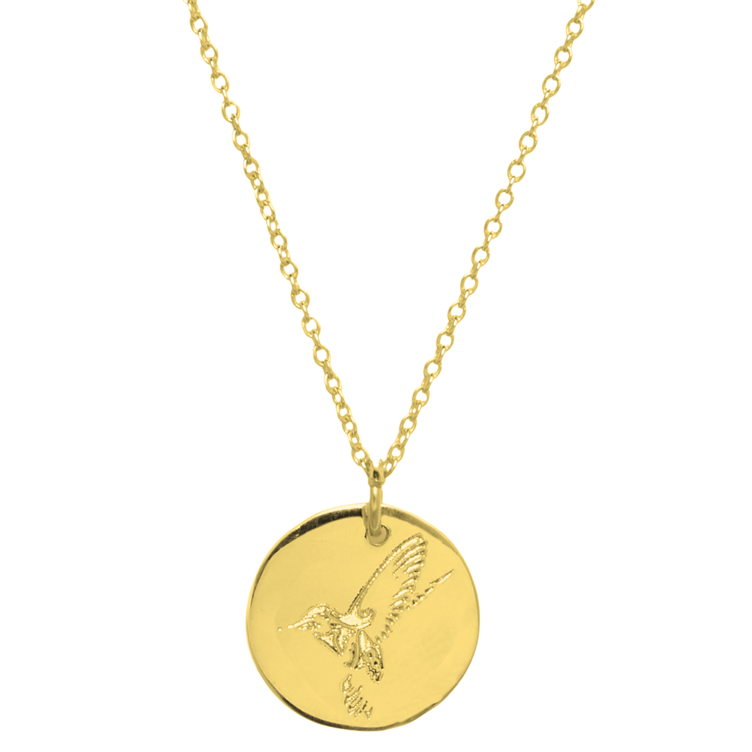 The Symbol Necklace in 9k Gold by Personalised Charms features a thin chain and a round engraved pendant with a detailed hummingbird design—a stunning piece of personalized jewelry.