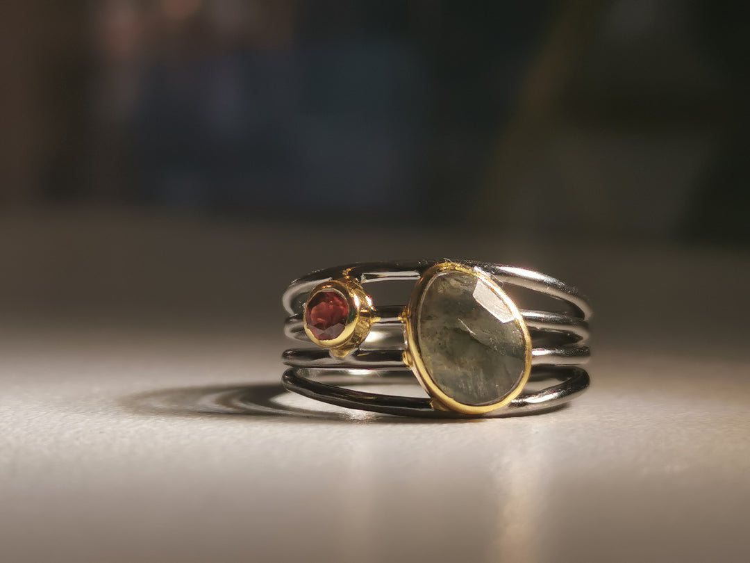 Black Rhodium and Gold Plated Ring with Labradorite and Garnet