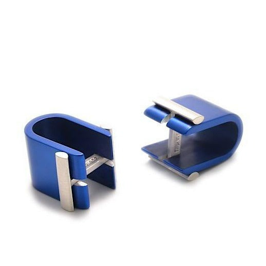 Two blue and silver Affinor Wrap Around Cufflinks by Filip Vanas are shown. The rectangular cufflinks, open at one side, feature curved tops. Each has a sterling silver anodized aluminium accent bar near the top and a smaller one near the bottom, giving them a modern and sleek design akin to innovative cuff links.