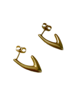 The Inner Island Treo Mini Earrings are shiny gold studs shaped like arrows or check marks, perfect as minimal additions to your ear stack. Shown on a white background.