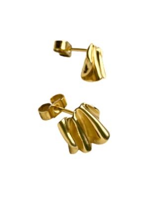The A Little Joy Earrings by Inner Island are shiny gold studs from the Joy Collection, featuring a petite abstract wavy sculptural design, shown on a white background.