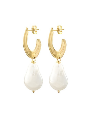 The Strata Thin Earrings with Pearl by Inner Island are lightweight, textured gold earrings featuring large, dangling white teardrop-shaped freshwater pearls.