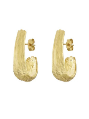 Inner Island Strata Large Earrings feature gold textured hoops with a ridged design and butterfly backs, shown on a white background.
