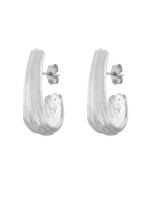 Strata Large Earrings by Inner Island—silver, textured, and modern with curved design and post back closures—are displayed on a plain white background, ideal for anyone seeking unique statement earrings.