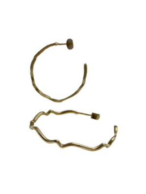 The Sister Hoops by Inner Island are mismatched gold hoops with unique, wavy shapes and post backings, shown on a white background—versatile abstract earrings to elevate any jewellery collection.