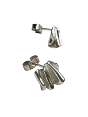 A Little Joy Earrings by Inner Island are silver petite studs with a modern wavy design, part of the Joy Collection, shown against a white background.
