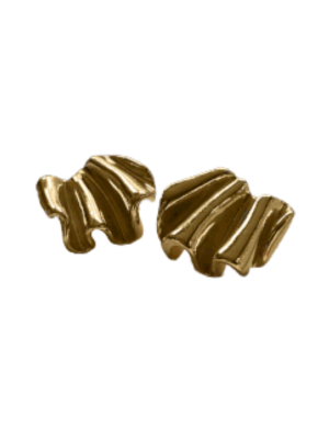 Large Joy Earrings by Inner island feature an abstract, gold-toned wavy textured design from the Joy Collection, uniquely displayed on a white background.