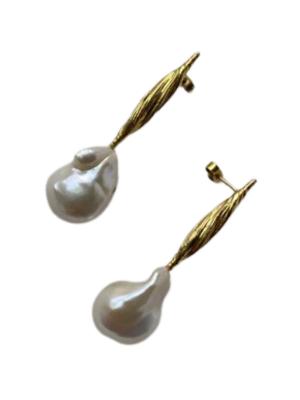 The Inner Island Gathered Forms Earring with Baroque Pearls features irregular white pearls on textured gold vermeil stems, shown against a white background.