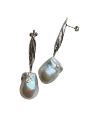 The Gathered Forms Earring with Baroque Pearls by Inner Island features irregular pearls on textured sterling silver stems, displayed against a white background.