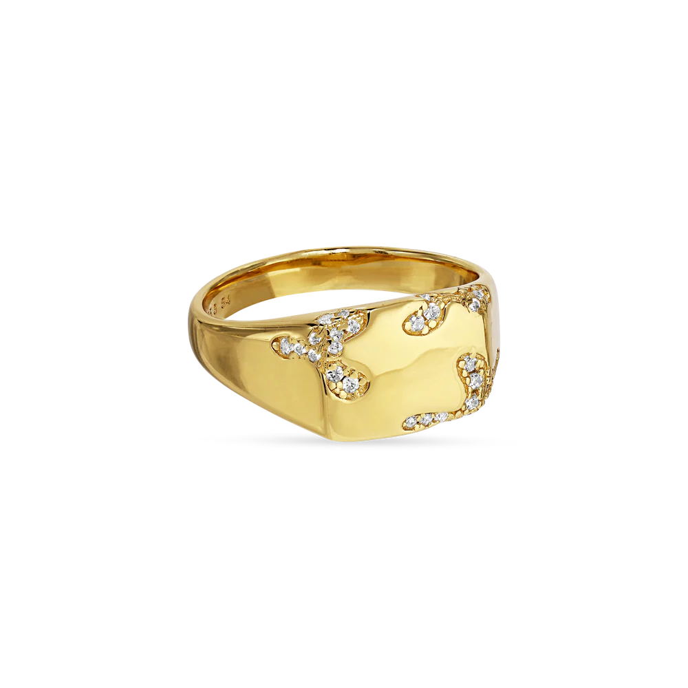 The Iced Signet Ring by Jane Koenig is gold-plated with a rectangular, textured top featuring scattered clusters of small white diamonds set into the gold. The smooth, polished band completes its refined look.