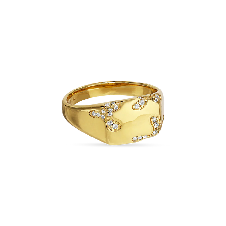 The Iced Signet Ring by Jane Koenig is gold-plated with a rectangular, textured top featuring scattered clusters of small white diamonds set into the gold. The smooth, polished band completes its refined look.