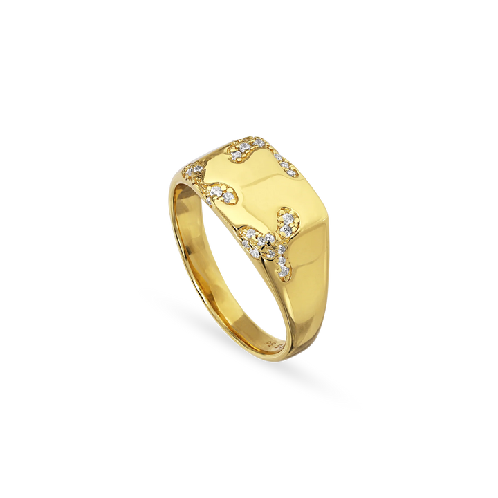 The Iced Signet Ring by Jane Koenig is a gold-plated ring with a rectangular top, featuring organic branching designs and small clear gemstones—a distinctive piece of jewelry.