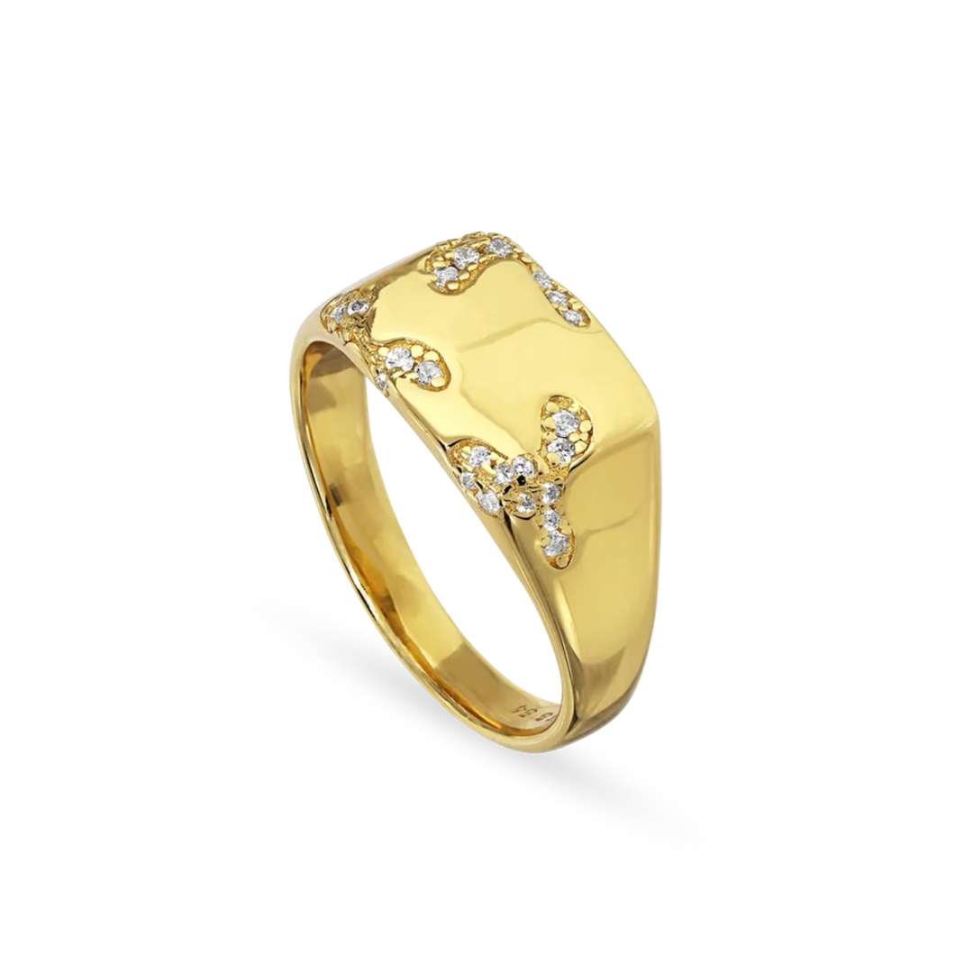 The Iced Signet Ring by Jane Koenig is a gold-plated ring with a rectangular top, featuring organic branching designs and small clear gemstones—a distinctive piece of jewelry.