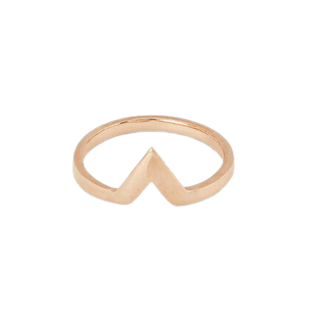 The Illuminati Stacking Ring 9ct Gold by Cosmic Boulevard features a sleek chevron-shaped design with a central V-point, offering a touch of modern elegance.