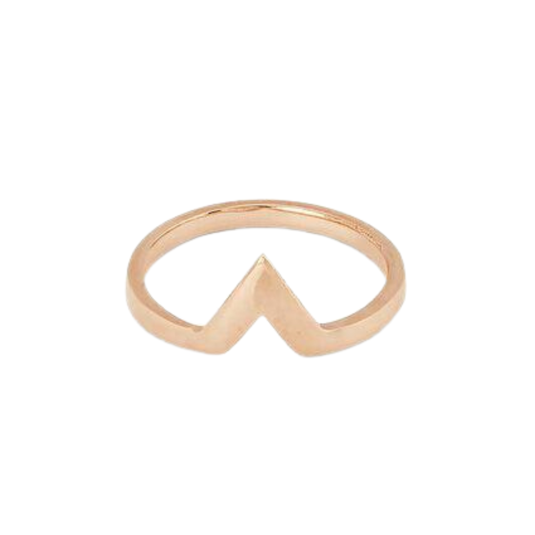 The Illuminati Stacking Ring 9ct Gold by Cosmic Boulevard features a sleek chevron-shaped design with a central V-point, offering a touch of modern elegance.