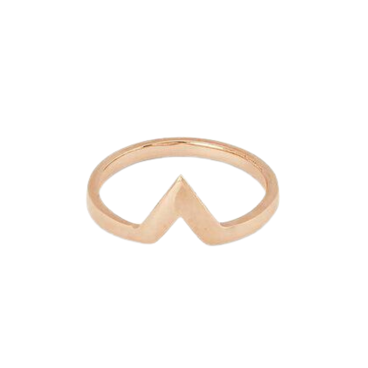 The Illuminati Stacking Ring 9ct Gold by Cosmic Boulevard features a sleek chevron-shaped design with a central V-point, offering a touch of modern elegance.