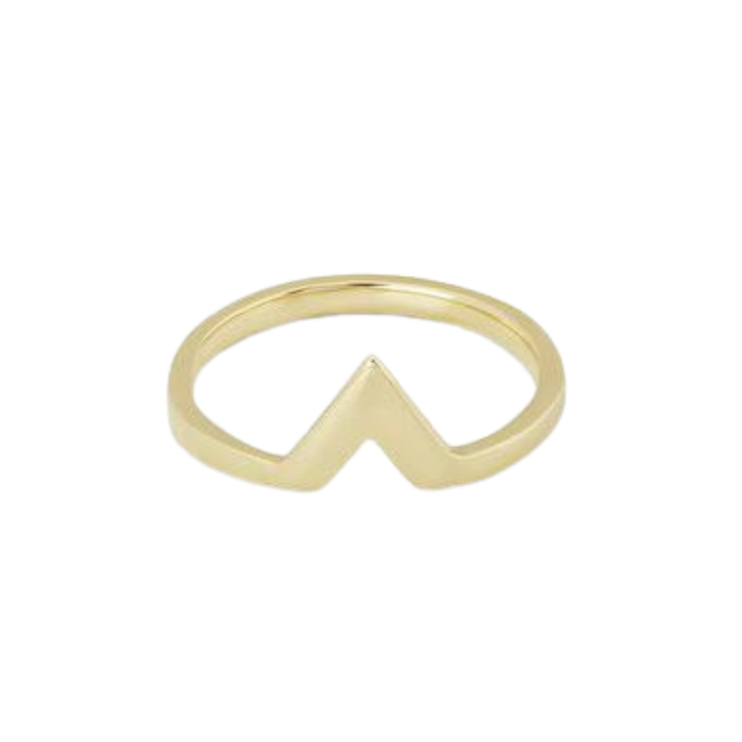 The Illuminati Stacking Ring 9ct Gold by Cosmic Boulevard showcases a minimalist chevron design, embodying modern elegance, and is displayed on a white background.