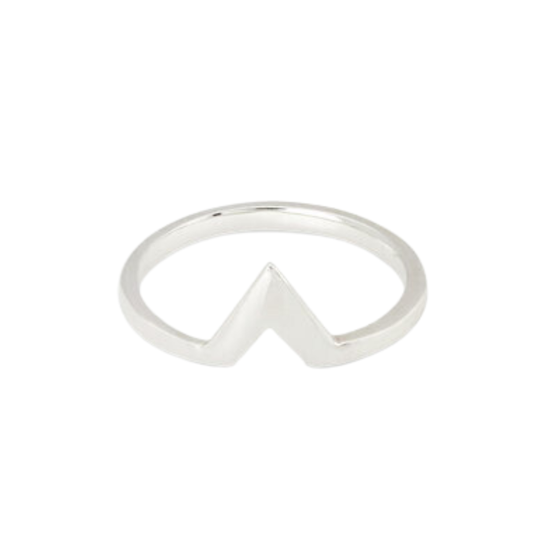 The Cosmic Boulevard Illuminati Stacking Ring Sterling Silver features a minimalist chevron (V-shaped) design at the center and is shown on a white background—ideal for stacking.