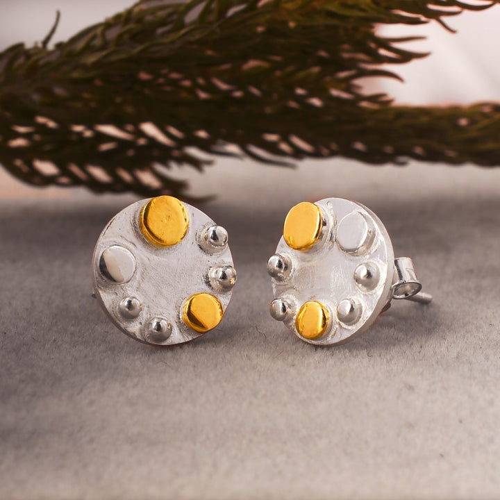 A pair of round, 925 Sterling silver stud earrings with asymmetrically placed gold and silver decorative elements is displayed against a neutral background. The Iona Silver & Gold Stud by The Collective Dublin is placed near a branch with green leaves, adding a natural touch to the composition.