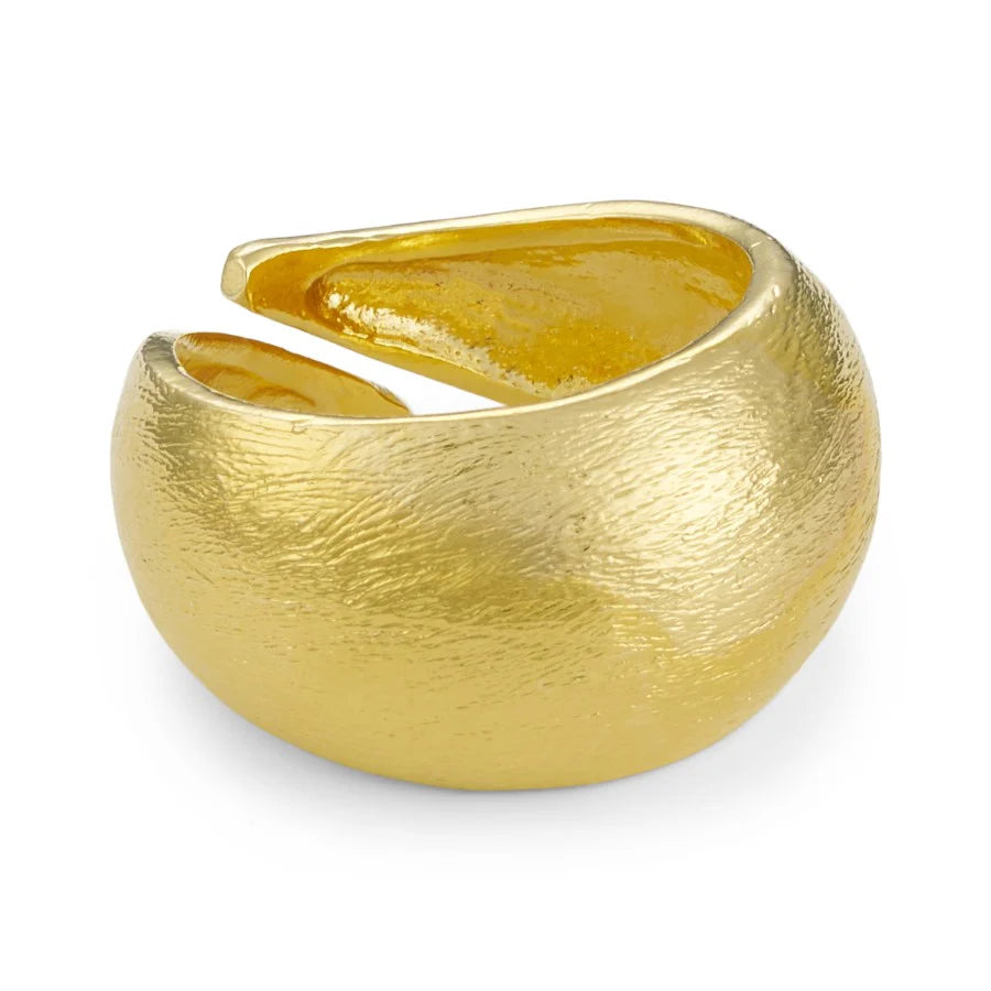The June Gold Plated Ring by Watermelon Tropical features a wide, chunky domed design in smooth matte 24K gold, with textured details and an open, adjustable fit.