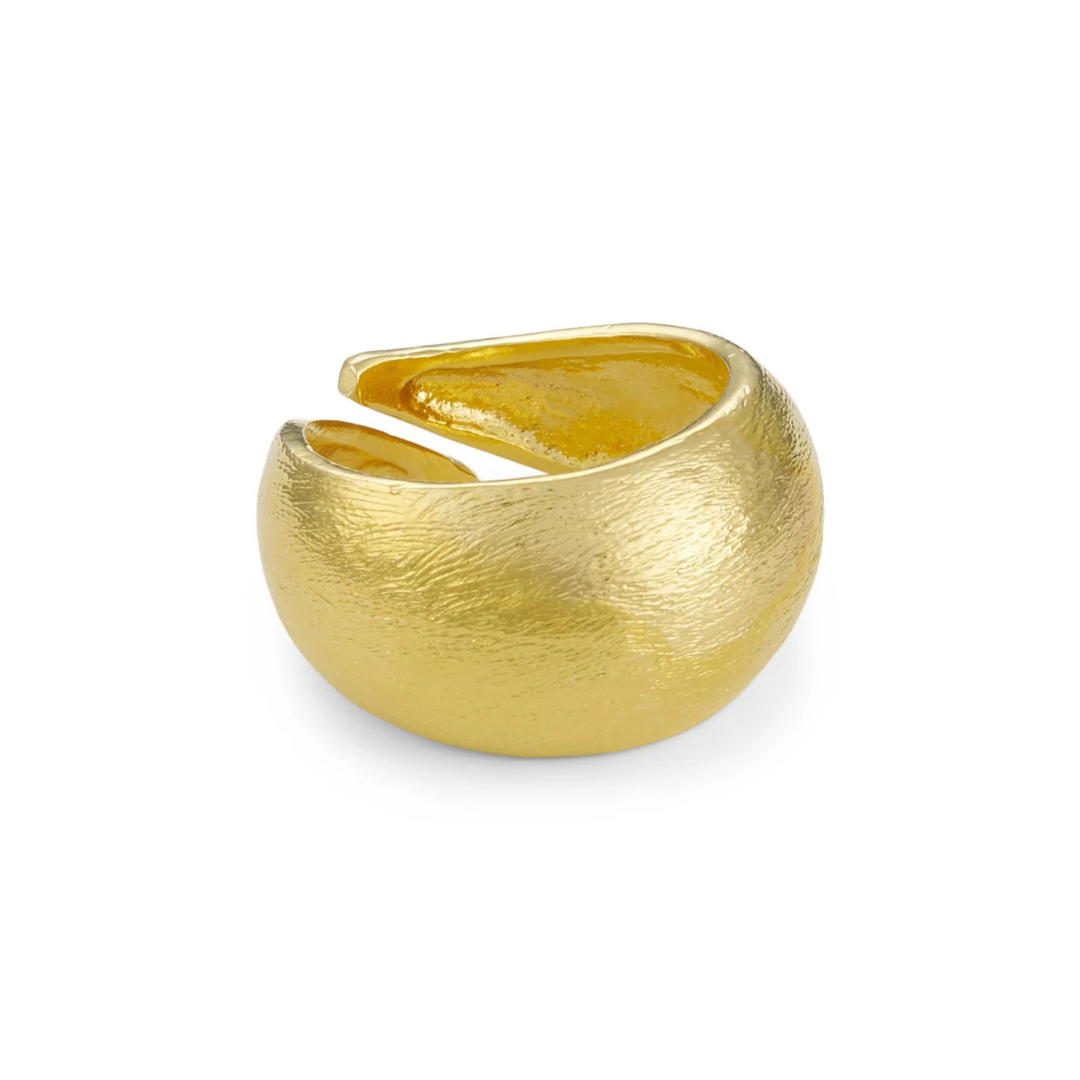 The June Gold Plated Ring by Watermelon Tropical features a wide, chunky domed band with an open, adjustable fit and matte finish, offering a modern yet elegant 24K gold look.
