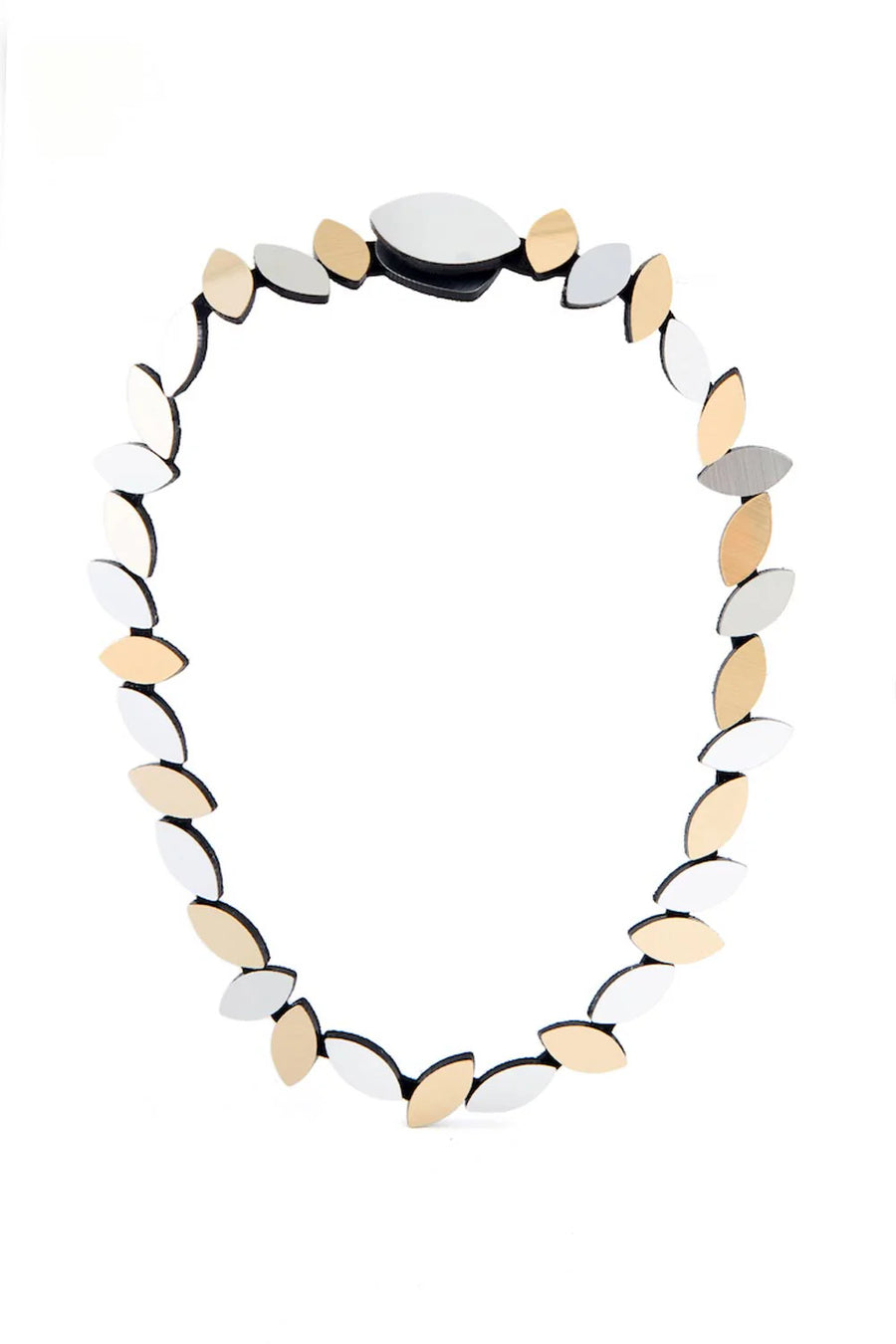 The Kate Leaves Silver & Gold Necklace by Iskin Sisters features a distinctive design with alternating gold and silver marquise-shaped links, arranged in a symmetric pattern. The links are connected by black cords, visible through the spaces between the shapes. This lightweight necklace is elegantly showcased against a plain white background.