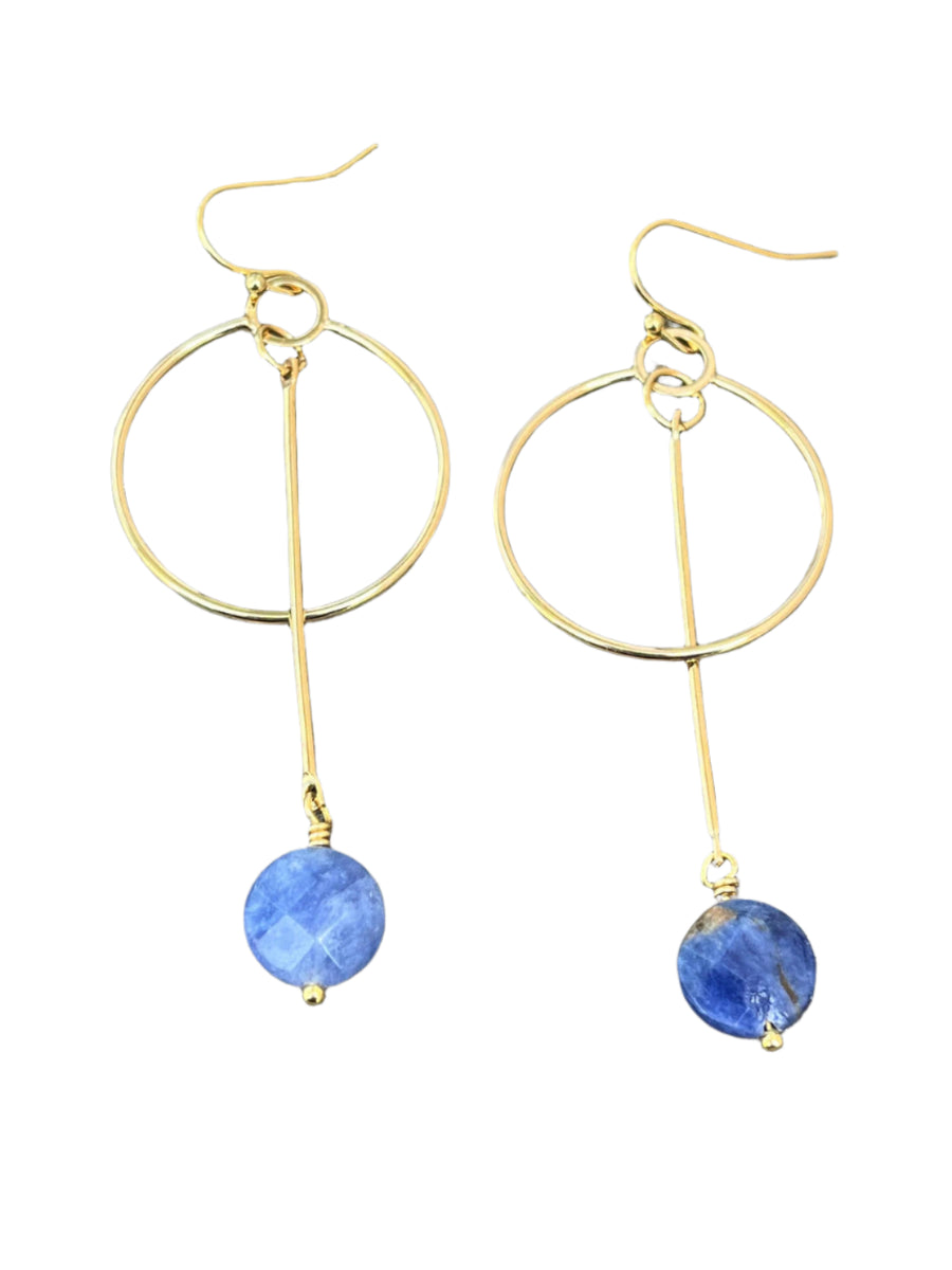 Kea gold plated earrings with a circle and bar design and hook back. Finished with a blue sodalite faceted disc drop.