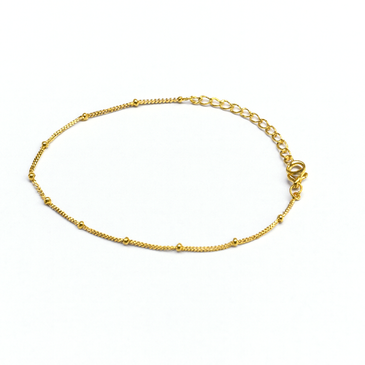 The Watermelon tropical Knot Chain Bracelet features a delicate gold-plated design with small beads along a fine chain, an adjustable clasp, and extension chain, displayed on a white background.