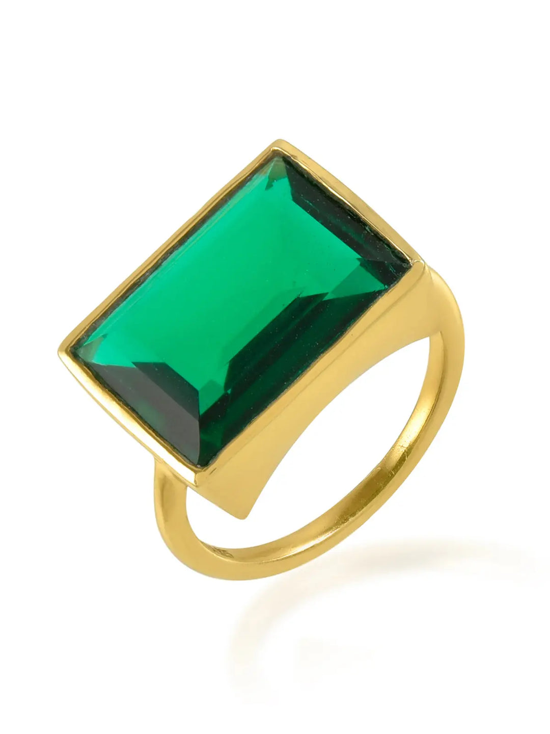 The Shyla Lenny Ring is a 22 carat gold cocktail ring with a large rectangular green gemstone in a sleek modern bezel setting, shown against a white background.