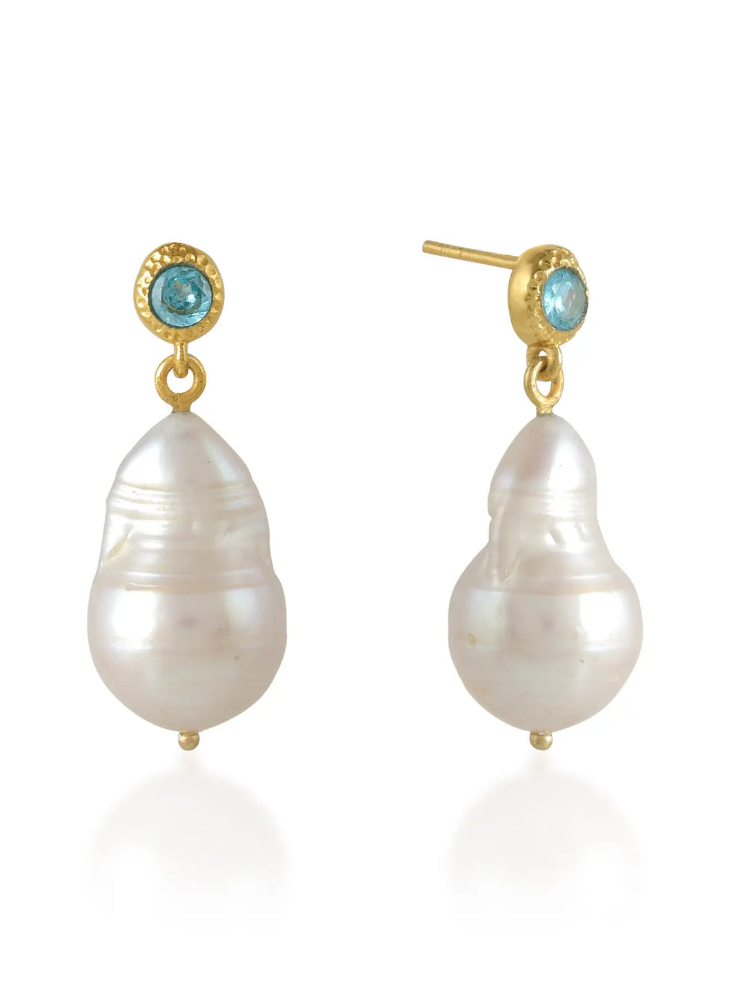 Pair of pearl earrings with gold and gemstone accents on a white background