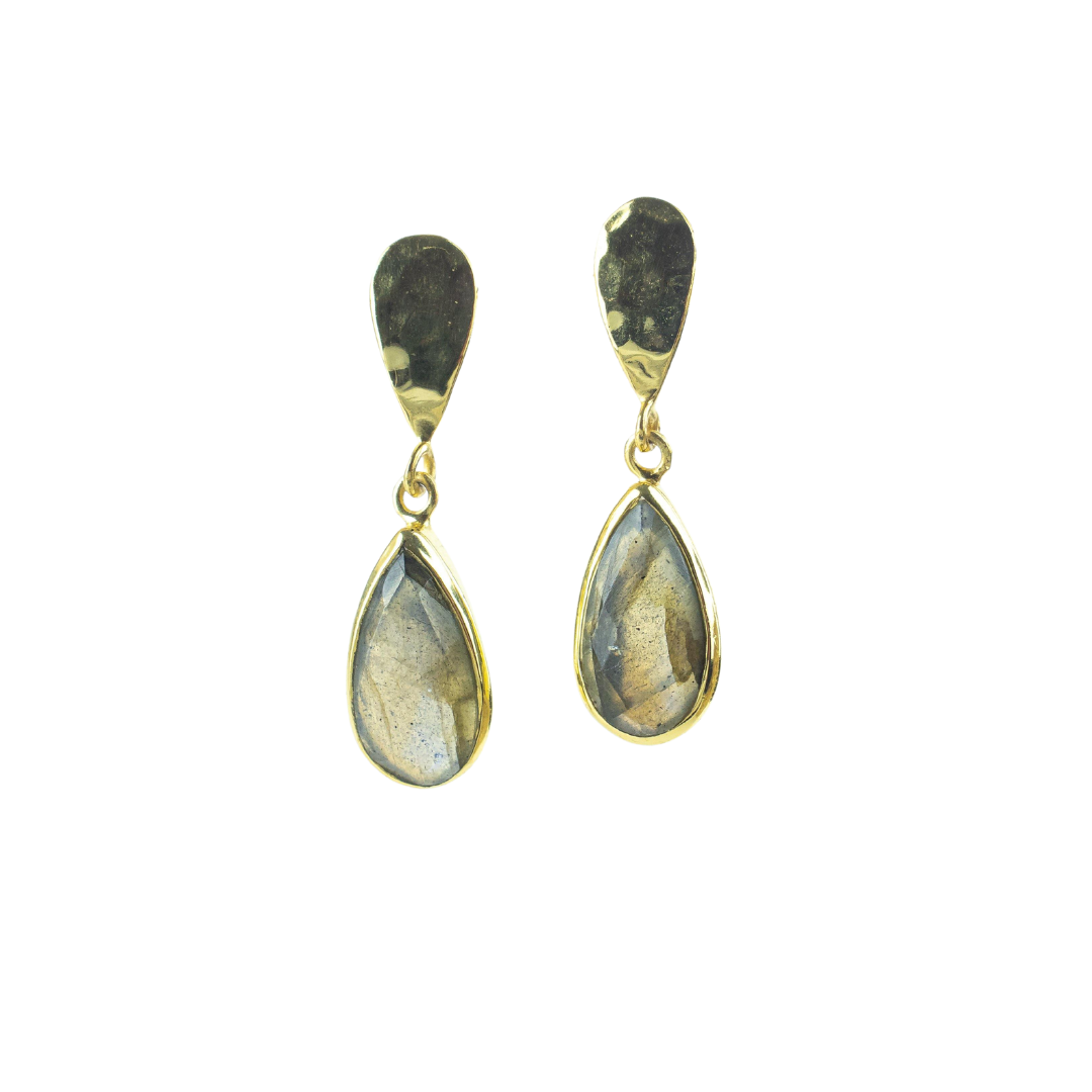 Labradorite Teardrop Dangle Earrings Gold