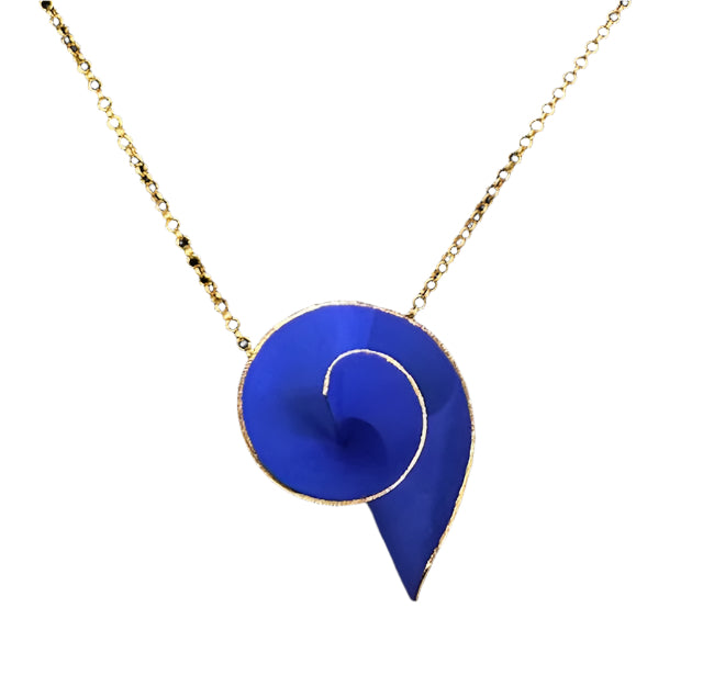 A delicate hand made necklace with a fine gold chain showcasing the Large Matt Swirl Pendant by Georgia Charal. The pendant, resembling a stylized snail shell or nautilus, features clean, smooth lines against a white background, all elegantly combined with the allure of gold plated silver.