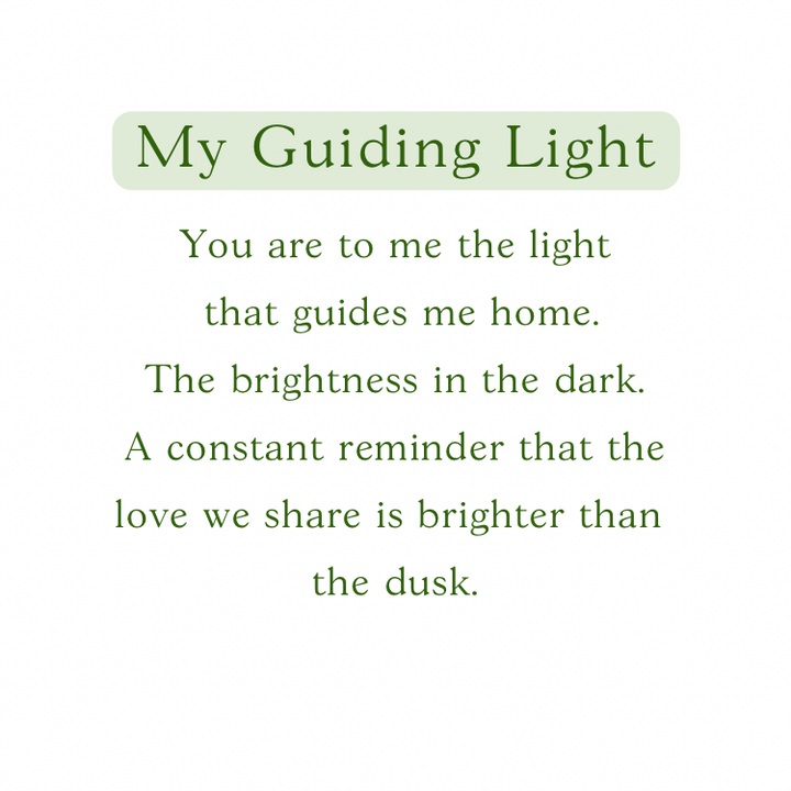 Text graphic with a green title: "My Guiding Light." Below, a poem reads: "You are to me the light that guides me home." Inspired by Ava Jane Jewellery's My Guiding Light Silver Pendant, this design shines like cherished handmade jewellery.