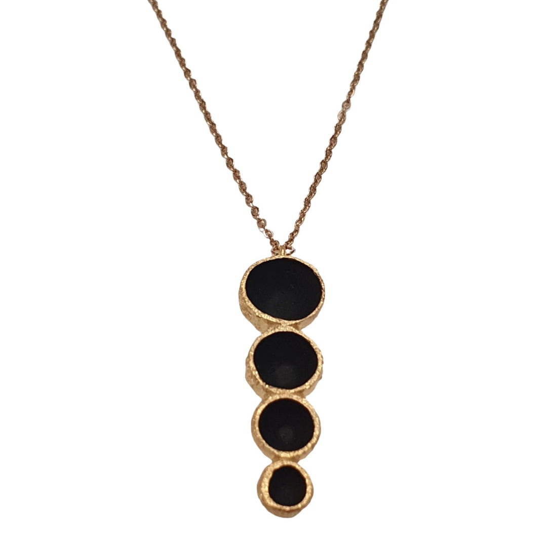 Long necklace with matt quadruple Cobalt Blue or Matt Black cupules on gold plated silver and a 35" gold plated chain.