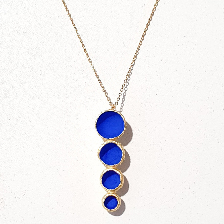 Long necklace with matt quadruple Cobalt Blue or Matt Black cupules on gold plated silver and a 35" gold plated chain.