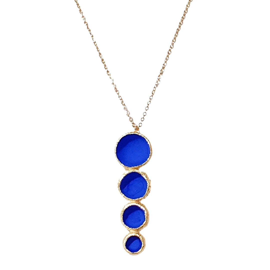 Long necklace with matt quadruple Cobalt Blue or Matt Black cupules on gold plated silver and a 35" gold plated chain.