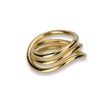 A Bonvo Loop Ring with a modern, abstract design featuring three interwoven loops. Crafted from solid 925 sterling silver and adorned with 18ct gold plating, the shiny metal gives it a polished and elegant appearance. The ring is shown against a plain white background.